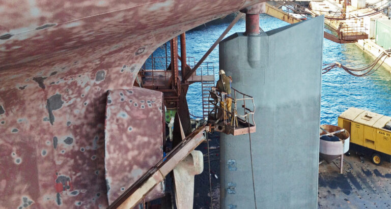 MT Aliakmon in drydock in 2013, rudder blasted prior to Ecoshield application.