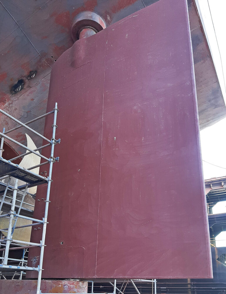 The rudder of MT Asopos, in drydock in 2020, five years after the Ecoshield application with no repaint.