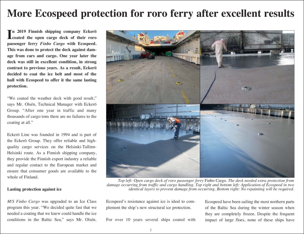 Article about Ecospeed on Finbo Cargo roro deck