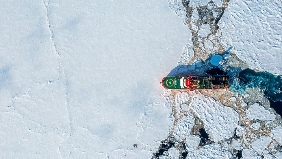 RRS Sir David Attenborough in Antarctic ice overhead - Jamie Anderson